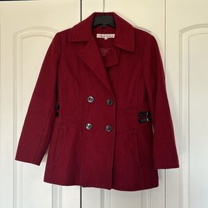 Red Wool Kenneth Cole Pea Coat with black buttons